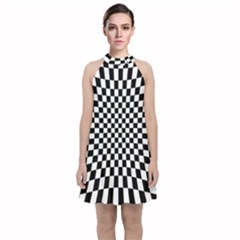 Illusion Checkerboard Black And White Pattern Velvet Halter Neckline Dress 