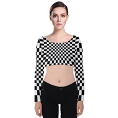 Illusion Checkerboard Black And White Pattern Velvet Long Sleeve Crop Top