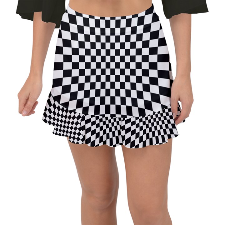 Illusion Checkerboard Black And White Pattern Fishtail Mini Chiffon Skirt