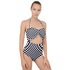 Illusion Checkerboard Black And White Pattern Scallop Top Cut Out Swimsuit