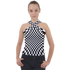 Illusion Checkerboard Black And White Pattern Cross Neck Velour Top