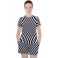 Illusion Checkerboard Black And White Pattern Women s Tee and Shorts Set