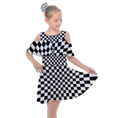 Illusion Checkerboard Black And White Pattern Kids  Shoulder Cutout Chiffon Dress