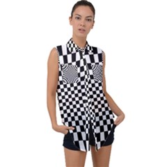 Illusion Checkerboard Black And White Pattern Sleeveless Chiffon Button Shirt