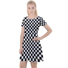 Illusion Checkerboard Black And White Pattern Cap Sleeve Velour Dress 