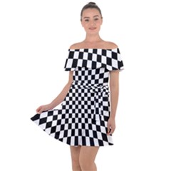 Illusion Checkerboard Black And White Pattern Off Shoulder Velour Dress