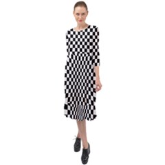 Illusion Checkerboard Black And White Pattern Ruffle End Midi Chiffon Dress