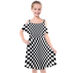 Illusion Checkerboard Black And White Pattern Kids  Cut Out Shoulders Chiffon Dress