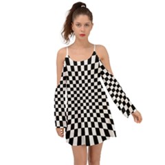 Illusion Checkerboard Black And White Pattern Kimono Sleeves Boho Dress