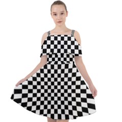 Illusion Checkerboard Black And White Pattern Cut Out Shoulders Chiffon Dress