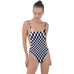 Illusion Checkerboard Black And White Pattern Tie Strap One Piece Swimsuit