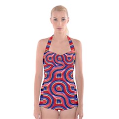 Pattern Curve Design Boyleg Halter Swimsuit 