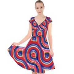 Pattern Curve Design Cap Sleeve Front Wrap Midi Dress