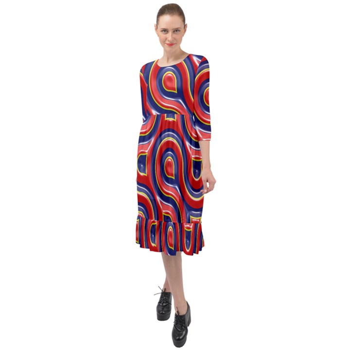 Pattern Curve Design Ruffle End Midi Chiffon Dress