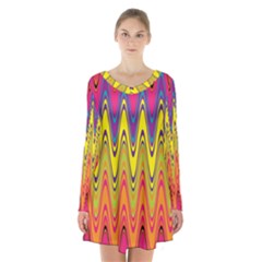 Retro Colorful Waves Background Long Sleeve Velvet V-neck Dress by Nexatart