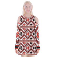 Folklore Ethnic Pattern Background Velvet Long Sleeve Shoulder Cutout Dress