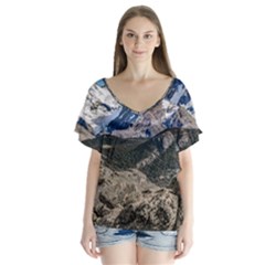 El Chalten Landcape Andes Patagonian Mountains, Agentina V-neck Flutter Sleeve Top by dflcprintsclothing