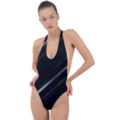 Minimalist Black Linear Abstract Print Backless Halter One Piece Swimsuit by dflcprintsclothing