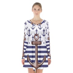 Anchor Background Design Long Sleeve Velvet V-neck Dress