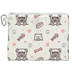 Pug Dog Cat With Bone Fish Bones Paw Prints Ball Seamless Pattern Vector Background Canvas Cosmetic Bag (xxl) by Vaneshart