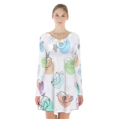 Cartoon Bird Cute Doodle Bird Long Sleeve Velvet V-neck Dress