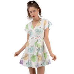 Cartoon Bird Cute Doodle Bird Flutter Sleeve Wrap Dress