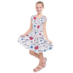 Hearts Seamless Pattern Memphis Style Kids  Short Sleeve Dress