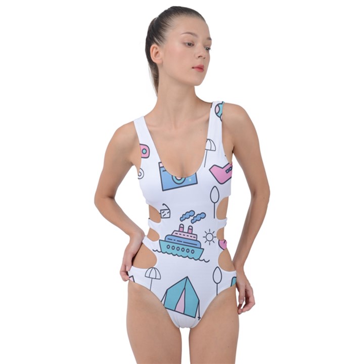 Transportation Seamless Pattern Side Cut Out Swimsuit