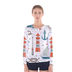 Nautical Elements Pattern Background Women s Long Sleeve Tee