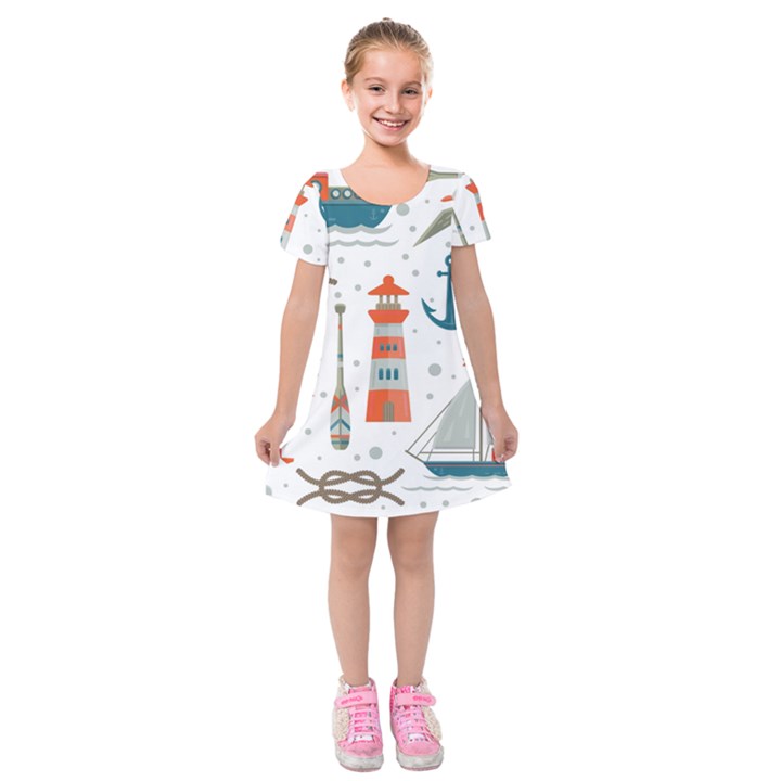 Nautical Elements Pattern Background Kids  Short Sleeve Velvet Dress