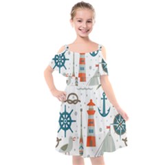 Nautical Elements Pattern Background Kids  Cut Out Shoulders Chiffon Dress by Vaneshart