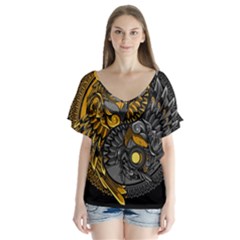 Yin Yang Owl Doodle Ornament Illustration V-neck Flutter Sleeve Top by Vaneshart