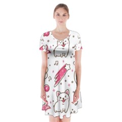 Cute Animals Seamless Pattern Kawaii Doodle Style Short Sleeve V-neck Flare Dress by Vaneshart