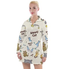 Happy Cats Pattern Background Women s Long Sleeve Casual Dress by Vaneshart