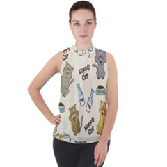 Happy Cats Pattern Background Mock Neck Chiffon Sleeveless Top by Vaneshart