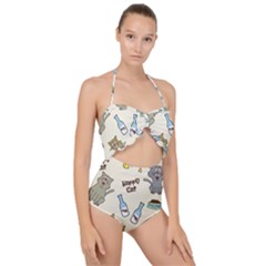 Happy Cats Pattern Background Scallop Top Cut Out Swimsuit by Vaneshart