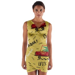 Childish Seamless Pattern With Dino Driver Wrap Front Bodycon Dress