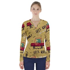 Childish Seamless Pattern With Dino Driver V-neck Long Sleeve Top by Vaneshart