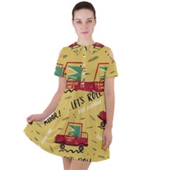 Childish Seamless Pattern With Dino Driver Short Sleeve Shoulder Cut Out Dress  by Vaneshart