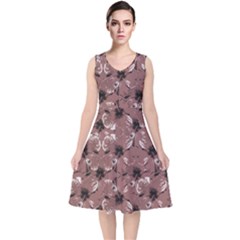 Hibiscus Flowers Collage Pattern Design V-neck Midi Sleeveless Dress  by dflcprintsclothing