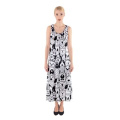 Seamless Pattern With Black White Doodle Dogs Sleeveless Maxi Dress