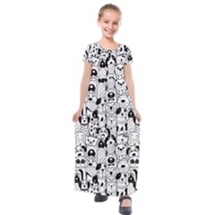 Seamless Pattern With Black White Doodle Dogs Kids  Short Sleeve Maxi Dress by Vaneshart