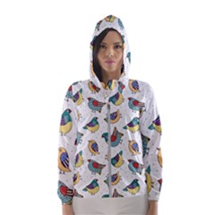 Seamless Pattern With Hand Drawn Bird Black Women s Hooded Windbreaker