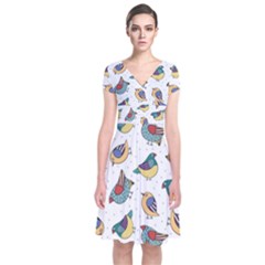 Seamless Pattern With Hand Drawn Bird Black Short Sleeve Front Wrap Dress by Vaneshart