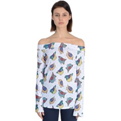 Seamless Pattern With Hand Drawn Bird Black Off Shoulder Long Sleeve Top by Vaneshart