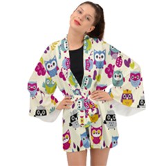 Funny Colorful Owls Long Sleeve Kimono