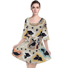 Seamless Pattern With Dinosaurs Silhouette Velour Kimono Dress by Vaneshart