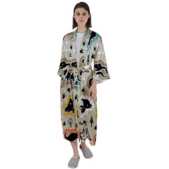 Seamless Pattern With Dinosaurs Silhouette Maxi Satin Kimono by Vaneshart