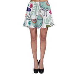 Floral Pattern With Birds Flowers Leaves Dark Background Skater Skirt