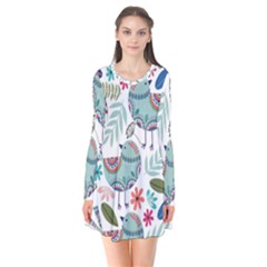 Floral Pattern With Birds Flowers Leaves Dark Background Long Sleeve V-neck Flare Dress by Vaneshart